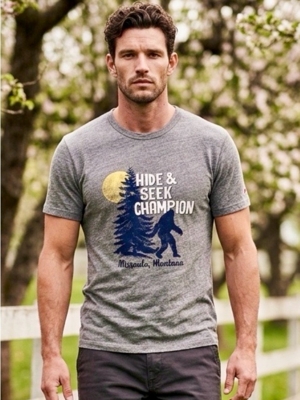 League Gray 'Hide & Seek Champion' Graphic Tee with Navy & Yellow Print